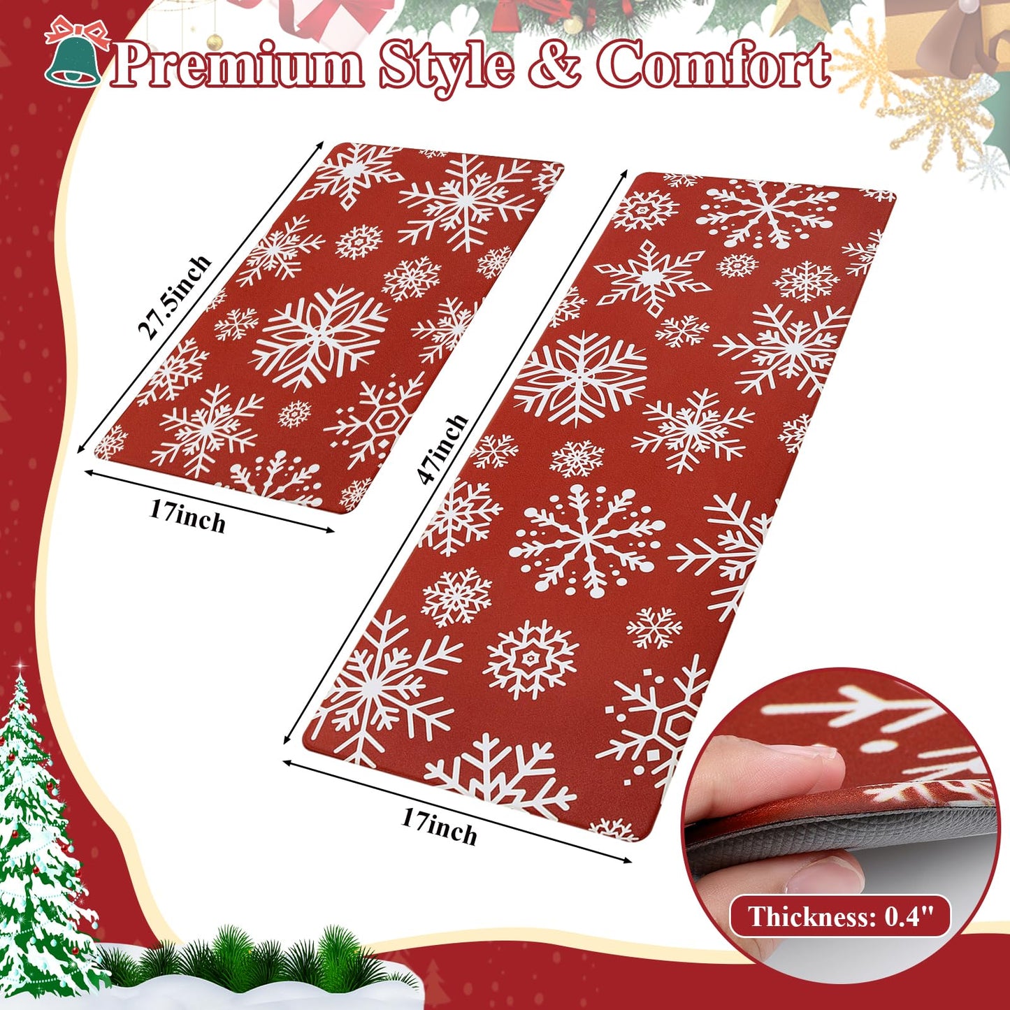 SHACOS Christmas Kitchen Rugs Set of 2 Anti-Fatigue Kitchen Mats Cushioned Red Christmas Kitchen Rugs White Snow Farmhouse Kitchen Mats and Rugs for Xmas 17x27.5+17x47, Snowflakes