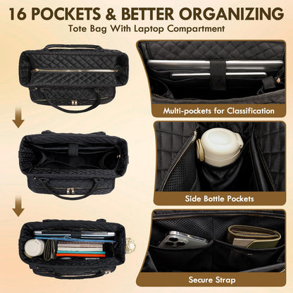 Teacher Tote Bag 15.6 Inch, Large Work Tote Bag With Laptop Compartments, Quilted Women Messenger Bag With Shoulder Strap for Office/Travel/School/Nursing Supplies Organizer,Black