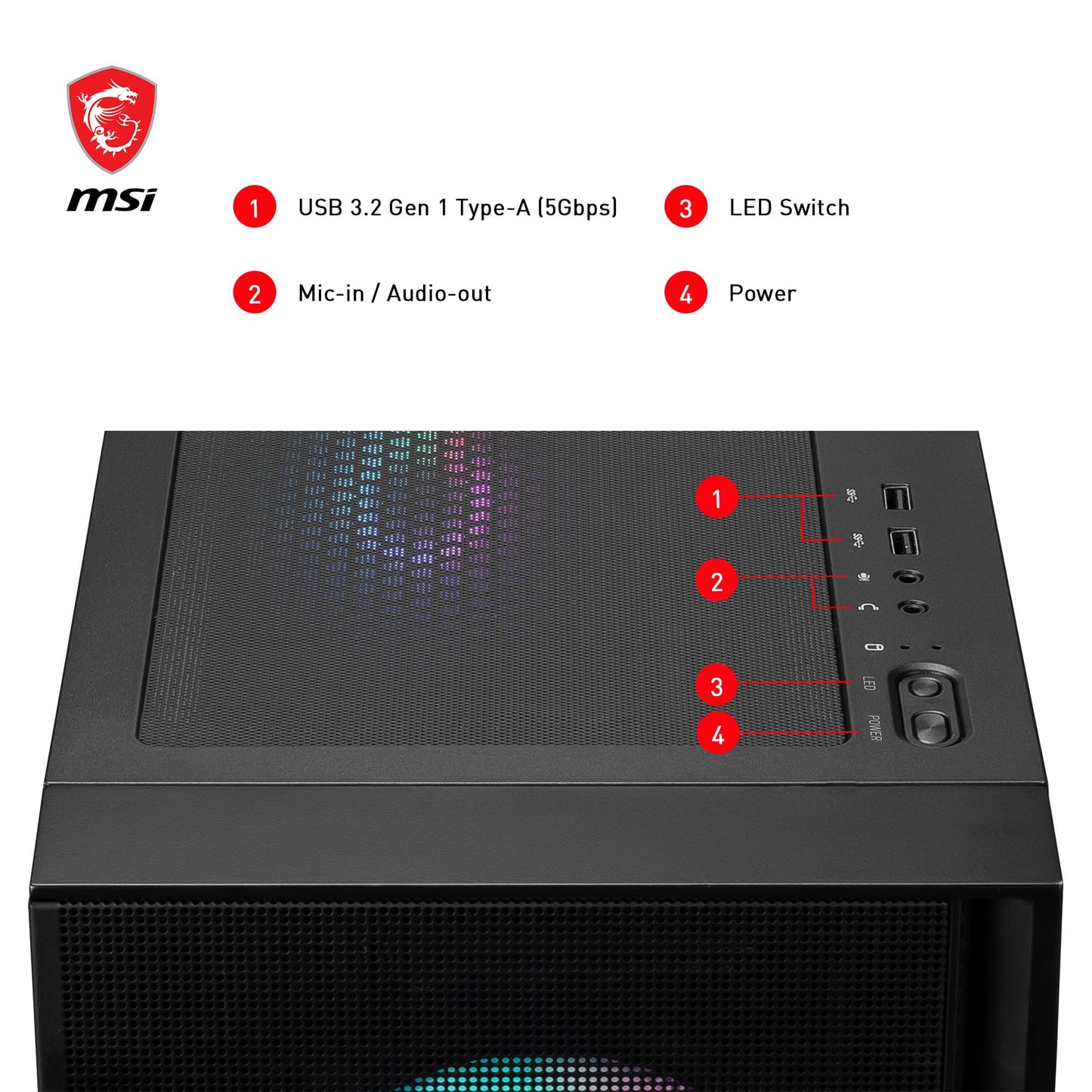 MSI MAG Forge 321R Airflow – Premium-Midi-Tower-Gaming-PC-Gehäuse – Seitenwand aus gehärtetem Glas – 120-mm-ARGB-Lüfter – Unterstützung für Flüssigkeitskühlung mit Radiatoren bis zu 360 mm – Belüftete Frontblende