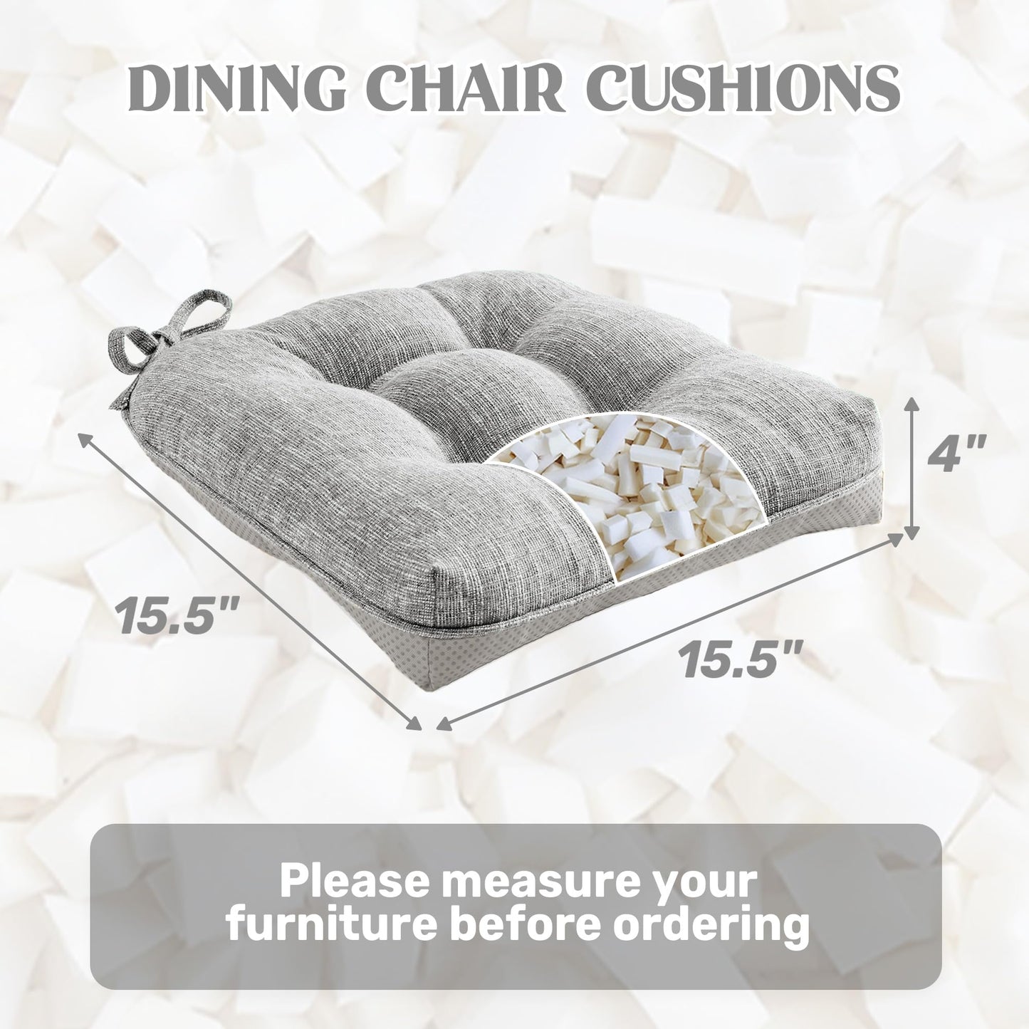 puredown® Chair Cushions for Dining Chairs, Tufted Memory Foam Chair Pads with Non-Slip Backing, Kitchen Seat Cushions with Ties, Washable Seat Pad Set of 4, 15.5" x 15.5" x 4", Light Grey