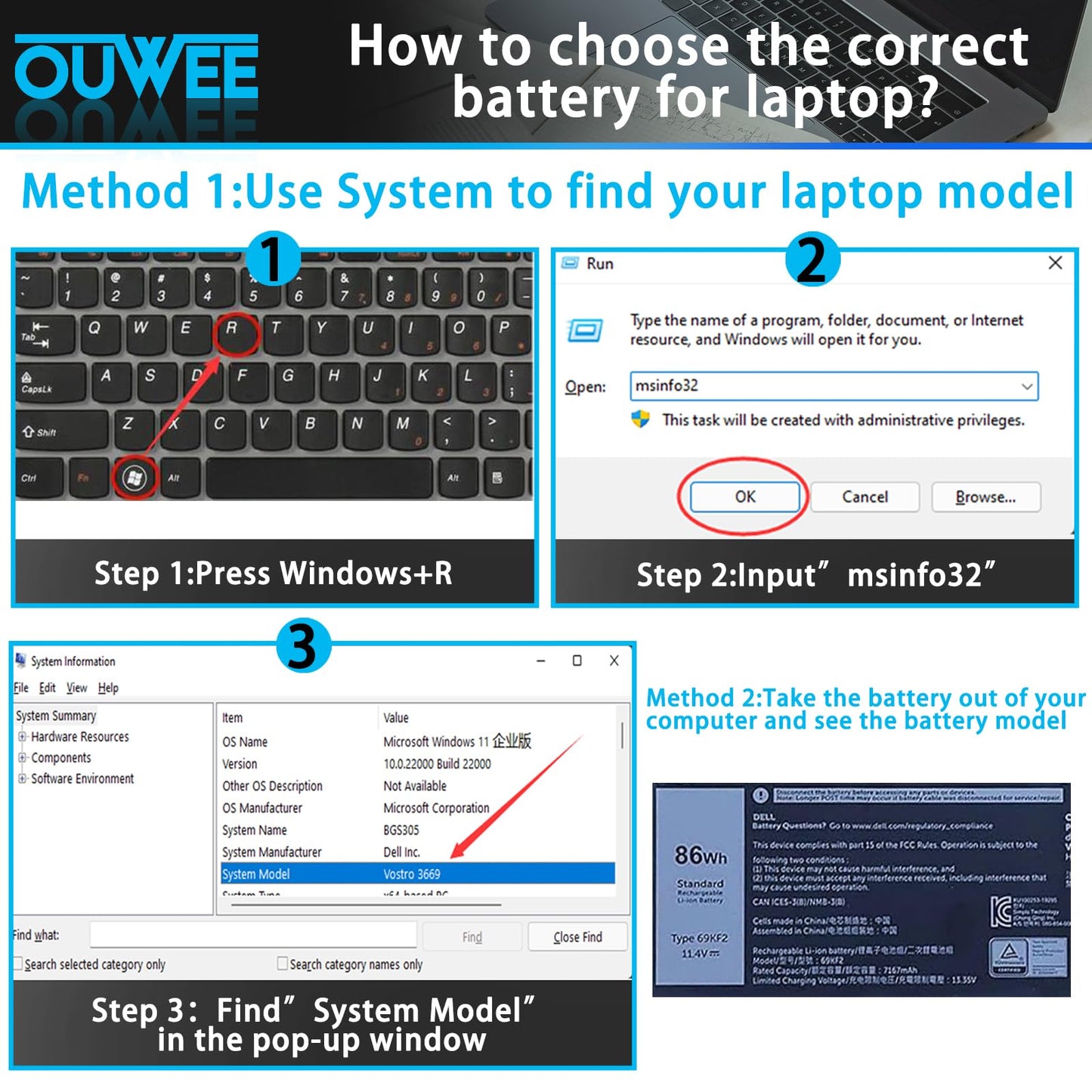 OUWEE 86Wh 69KF2 Battery Replacement for Dell G7 15 7500 G15 5510 5511 5515 5520 5521 XPS 15 9500 9510 9520 Precision 5550 5560 5570 Alienware M15 R3 R4 M17 R3 R4 Inspiron 7510 7610 7620 P87F P91F