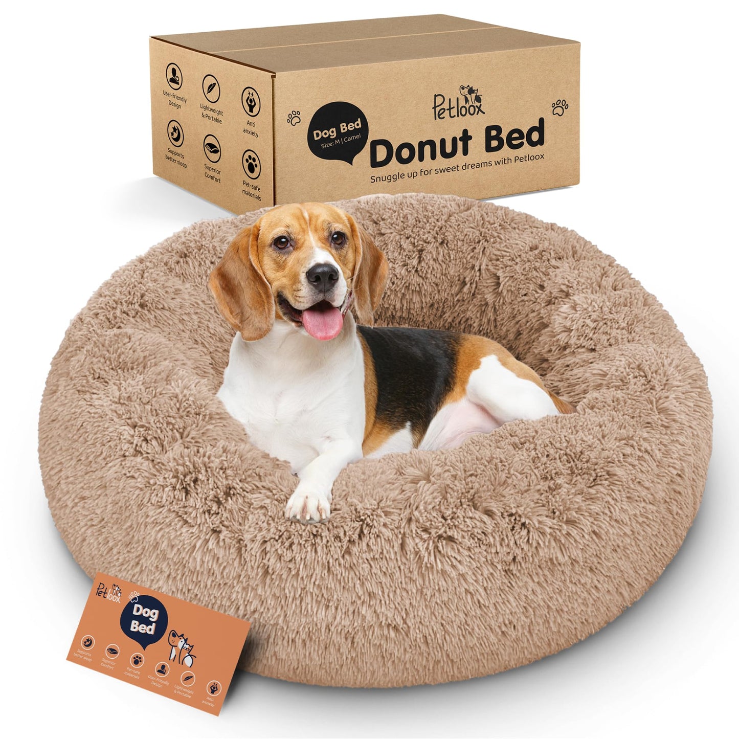 Petloox Donut Dog Bed - Premium Comfort for Anxiety Relief - Fluffy & Calming Design with Ultra-Plush Support | Cozy Round Dog Bed with Super Soft Circle Style (Size M Camel)