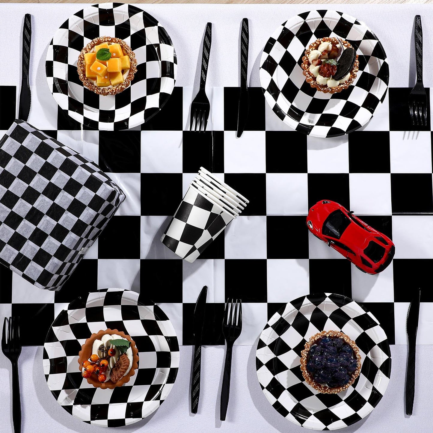 Preboun 6 Pcs Plastic Checkered Table Runner 14 x 108 Inch Racetrack Road Table Runner for Two Fast Car Theme Birthday Racing Party Decor Events Supplies (Black White Checkered)