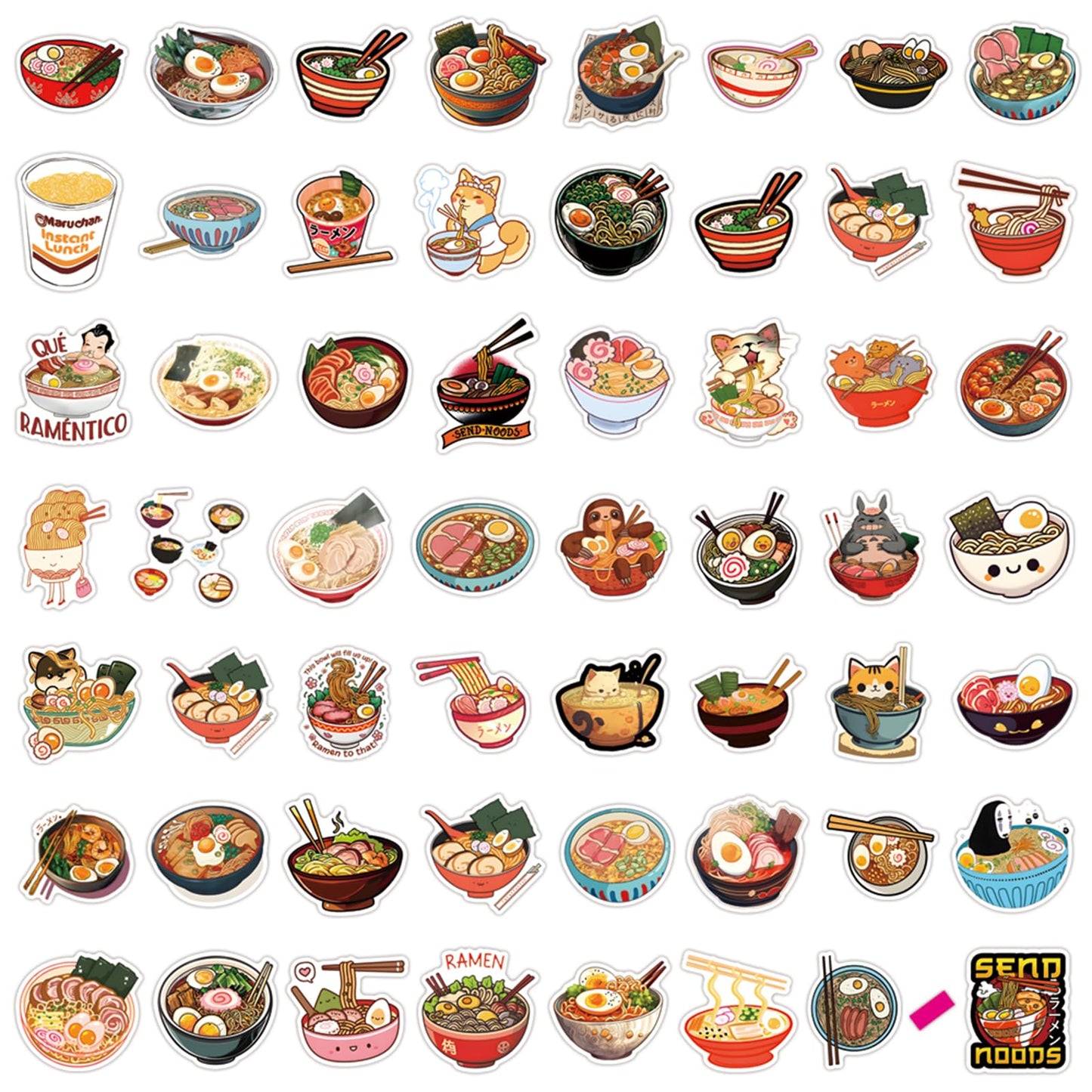 Ramen Stickers for Water Bottle and Laptop 55PCS Yummy Japanese Food Stickers, Foodie Party Favors & Decorations, Waterproof Vinyl Noodle Decals, Cute Ramen Stickers Laptop Decals