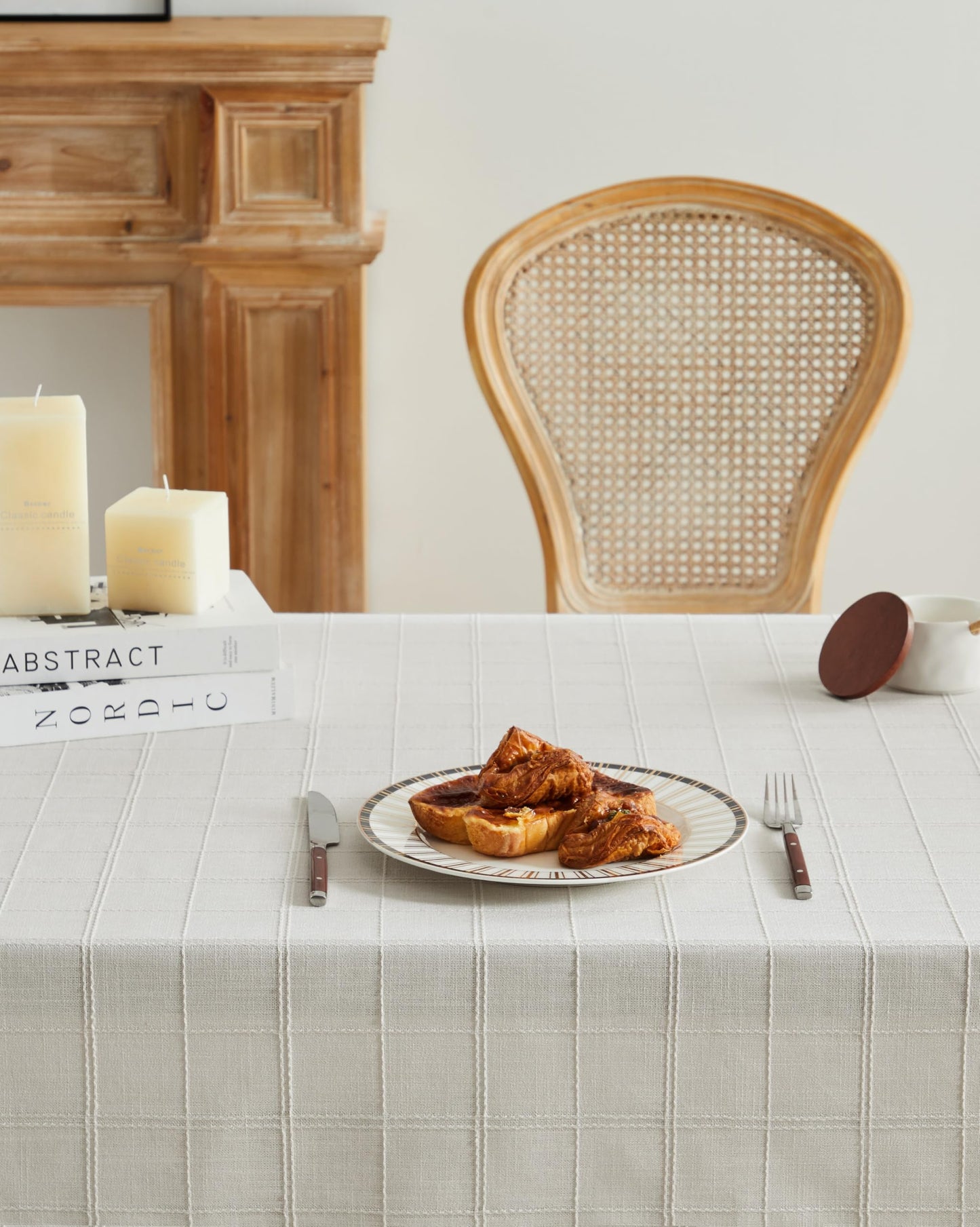 ZeeMart Linen Checked Table Cloth, Farmhouse Style Plaid Embroidered Neutral Tablecloth, Water Resistant Rectangle Table Cloth, Ivory 52x70 Inches