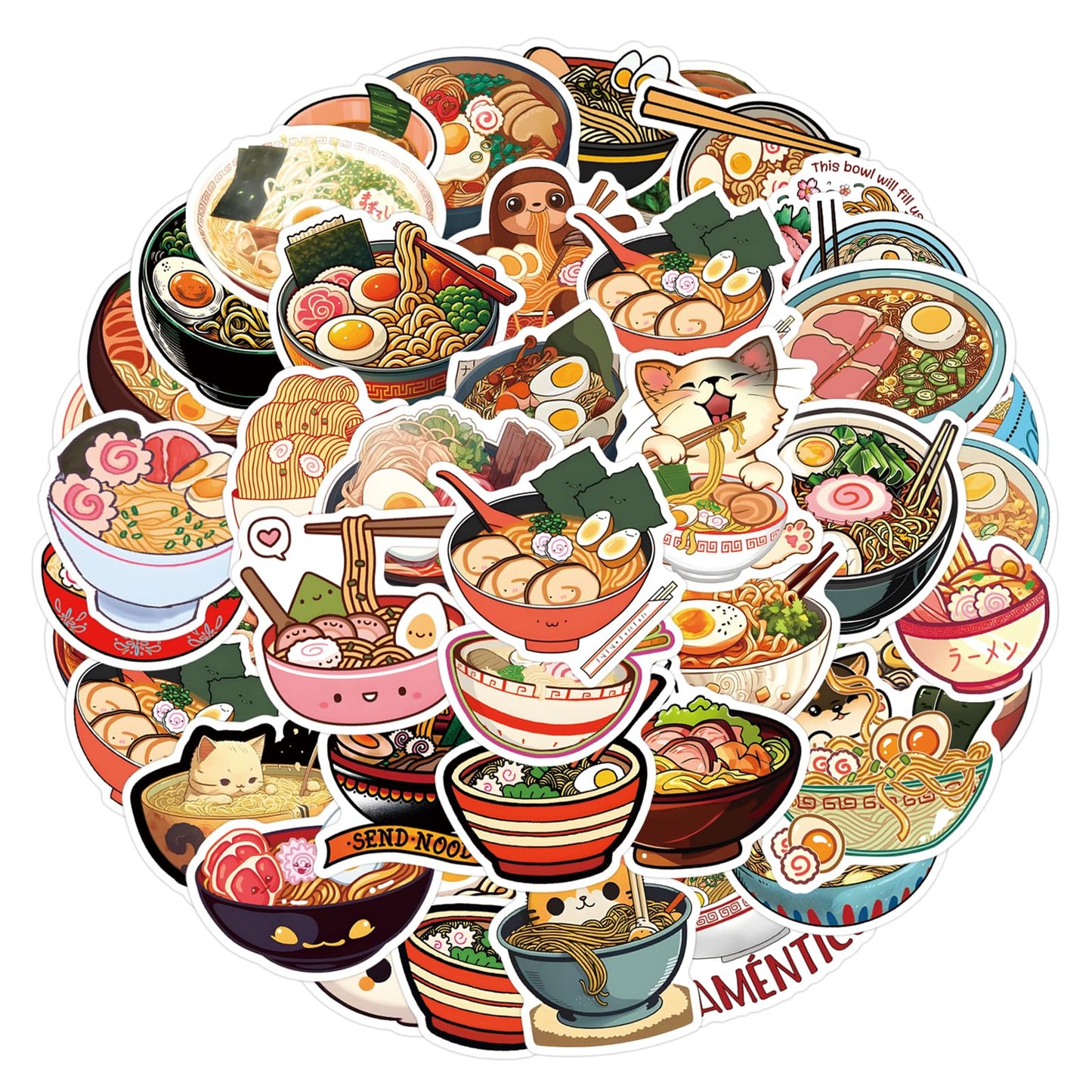 Ramen Stickers for Water Bottle and Laptop 55PCS Yummy Japanese Food Stickers, Foodie Party Favors & Decorations, Waterproof Vinyl Noodle Decals, Cute Ramen Stickers Laptop Decals