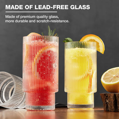 Qipecedm 6 Pack Ribbed Drinking Glasses, 16 oz Vintage Glass Cups, Highball Glasses, Premium Iced Coffee Glasses, Clear Glass Tumbler, Cocktail Glasses, Elegant Glassware for Water Juice Whiskey Beer