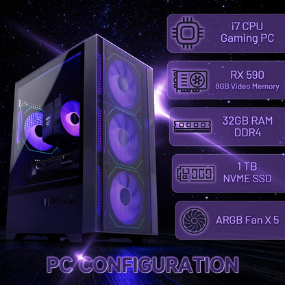 OKAMUS Gaming-PC, i7-CPU, RX 590 8GB-Grafikkarte, 1TB NVMe SSD, 32GB DDR4 ECC RAM, RGB-Lüfter, 550W Netzteil (i7+RX 590+1T +32G)