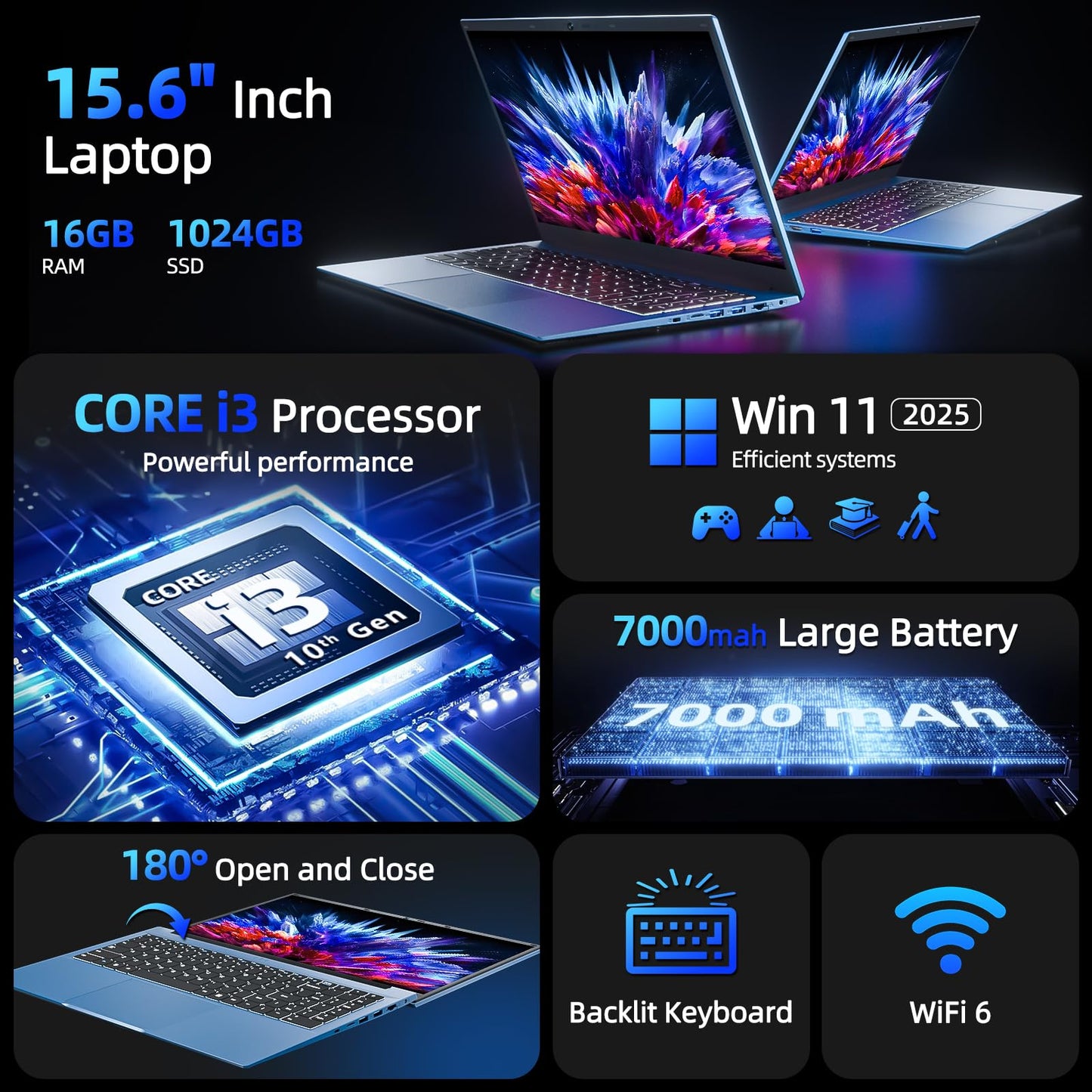 SGIN 15.6 Inch Laptop 16GB RAM 1024GB SSD, Laptops Computer with Core I3, Win 11, Portable Notebook, IPS FHD Display, WiFi 6, 180° Open Angle, Backlit Keyboard