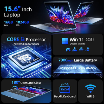 SGIN 15.6 Inch Laptop 16GB RAM 1024GB SSD, Laptops Computer with Core I3, Win 11, Portable Notebook, IPS FHD Display, WiFi 6, 180° Open Angle, Backlit Keyboard