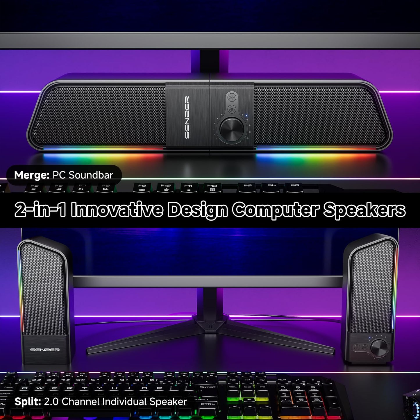 SENZER CS20 2-in-1 Bluetooth-Computerlautsprecher für Desktop-PCs, USB-Plug-&amp;-Play-Lautsprecher mit klarem Klang, RGB-Beleuchtung, Monitor-Soundbar mit Lautstärkeregler, Gaming-Lautsprecher für PC, Laptop, Smartphone und Tablet