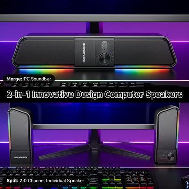 SENZER CS20 2 in 1 Bluetooth Computer Speakers for Desktop, USB Plug & Play Clear Sound PC Speakers with RGB Light, Monitor Sound Bar with Volume Knob, Gaming Speaker for PC Laptop Phone Tablet