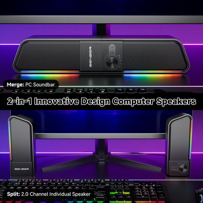 SENZER CS20 2-in-1 Bluetooth-Computerlautsprecher für Desktop-PCs, USB-Plug-&amp;-Play-Lautsprecher mit klarem Klang, RGB-Beleuchtung, Monitor-Soundbar mit Lautstärkeregler, Gaming-Lautsprecher für PC, Laptop, Smartphone und Tablet