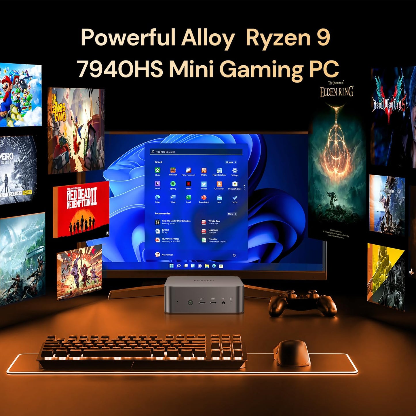 Reatan Mini PC Gaming AI AMD Ryzen 9 7940HS 64GB DDR5 2TB(2 * 1TB) NVME SSD 5600 MHz RAM, Desktop Mini Computers, Radeon 780M Graphics, 2.5Gbps LAN, USB4, HDMI 2.1, 8K USB 4.0 Wi-Fi 6E/BT5.3