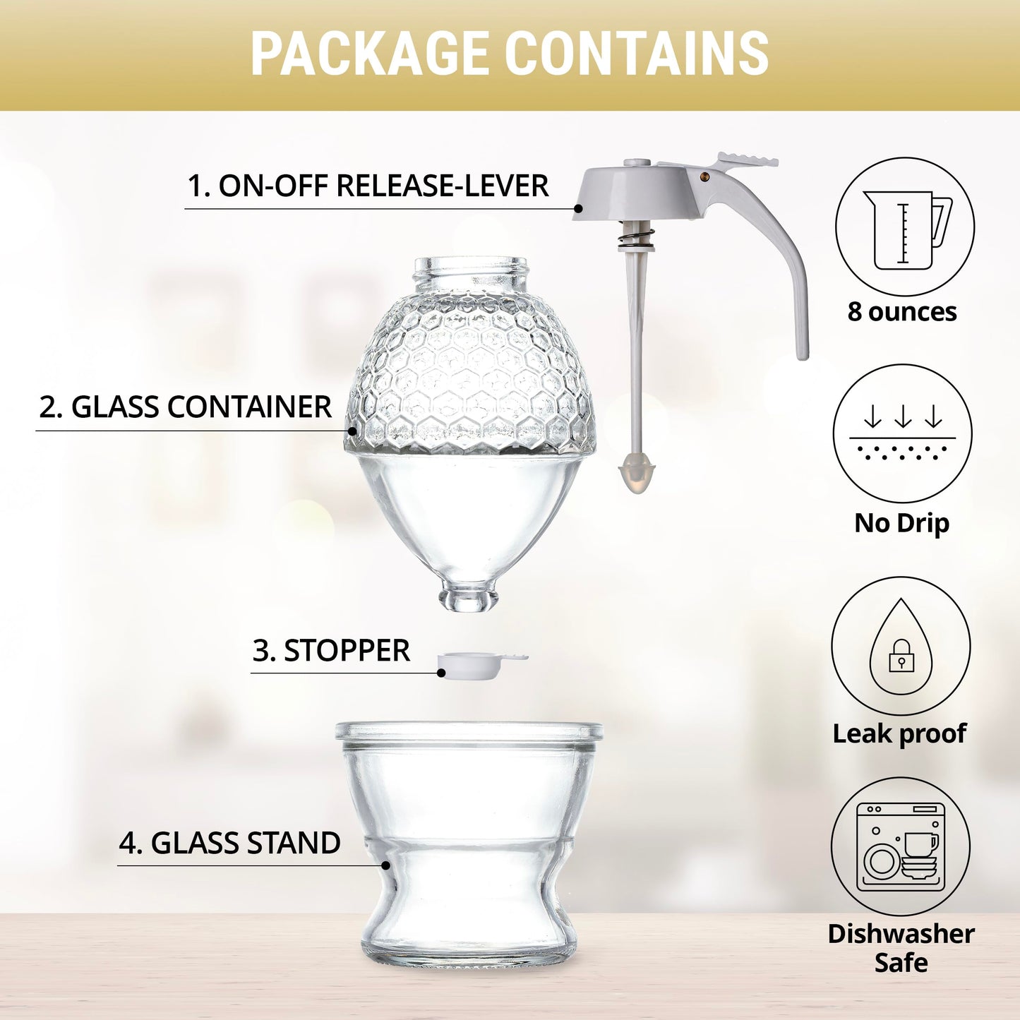 PAULSWAY SAFE, Not Chromed Glass Honey Dispenser, Food-Grade ABS White Lid - No Drip Glass with Stand - 8 oz Honey Jar - Honeycomb Design Container - Honey Pot for Honey, Maple Syrup