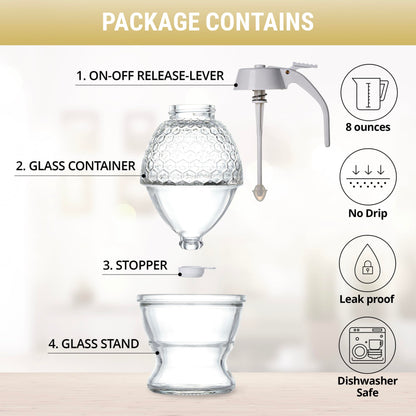 PAULSWAY SAFE, Not Chromed Glass Honey Dispenser, Food-Grade ABS White Lid - No Drip Glass with Stand - 8 oz Honey Jar - Honeycomb Design Container - Honey Pot for Honey, Maple Syrup