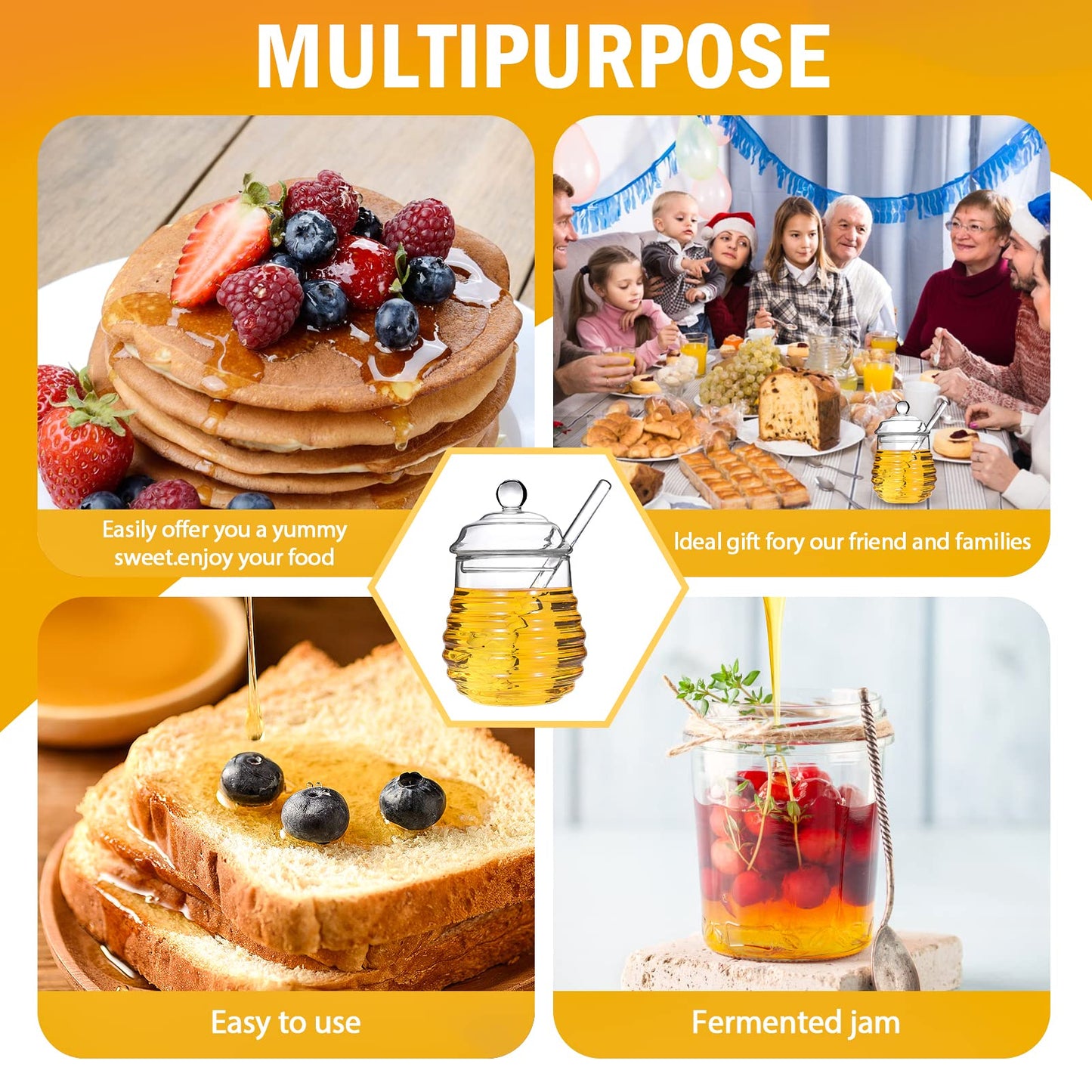 SlZKADY Honigglas mit Schöpflöffel und Deckel, Honigtopf aus Glas, Honigbehälter aus Klarglas für die Küche, zur Aufbewahrung von Honig und Sirup, leicht zu reinigen