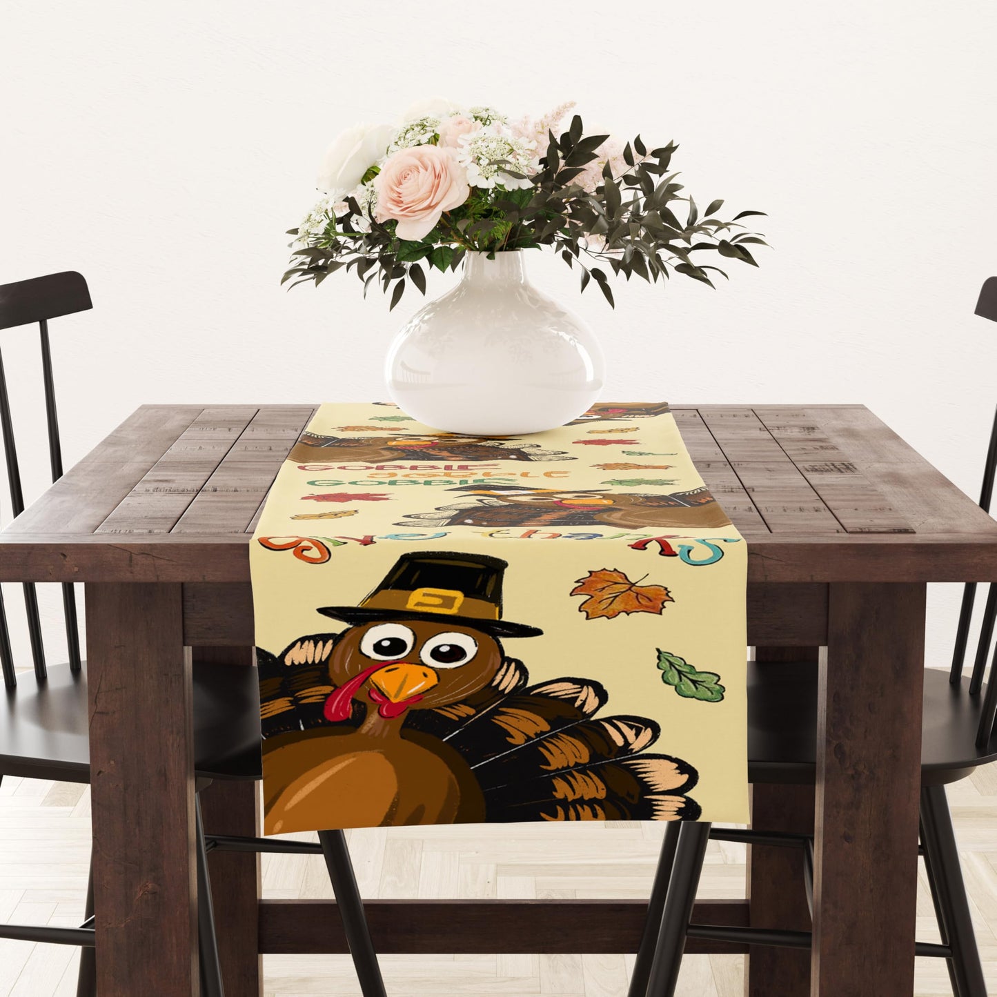 Thanksgiving Turkey Table Runner, Give Thanks Gobble Turkey Maple Leaves Table Runner Fall Autumn Kitchen Dining Table Decoration for Home Party Decor 13x72 Inch