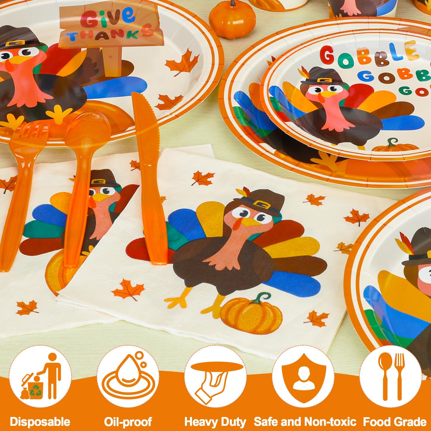 QZYL 120 PCS Thanksgiving Plates and Napkins, Disposable Thanksgiving Paper Plates, 9" and 7" Fall Party Tableware, Round Turkey Pumpkins Decorations for Harvest Banquet Decor Holiday Party Supplies