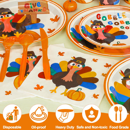 QZYL 120 PCS Thanksgiving Plates and Napkins, Disposable Thanksgiving Paper Plates, 9" and 7" Fall Party Tableware, Round Turkey Pumpkins Decorations for Harvest Banquet Decor Holiday Party Supplies