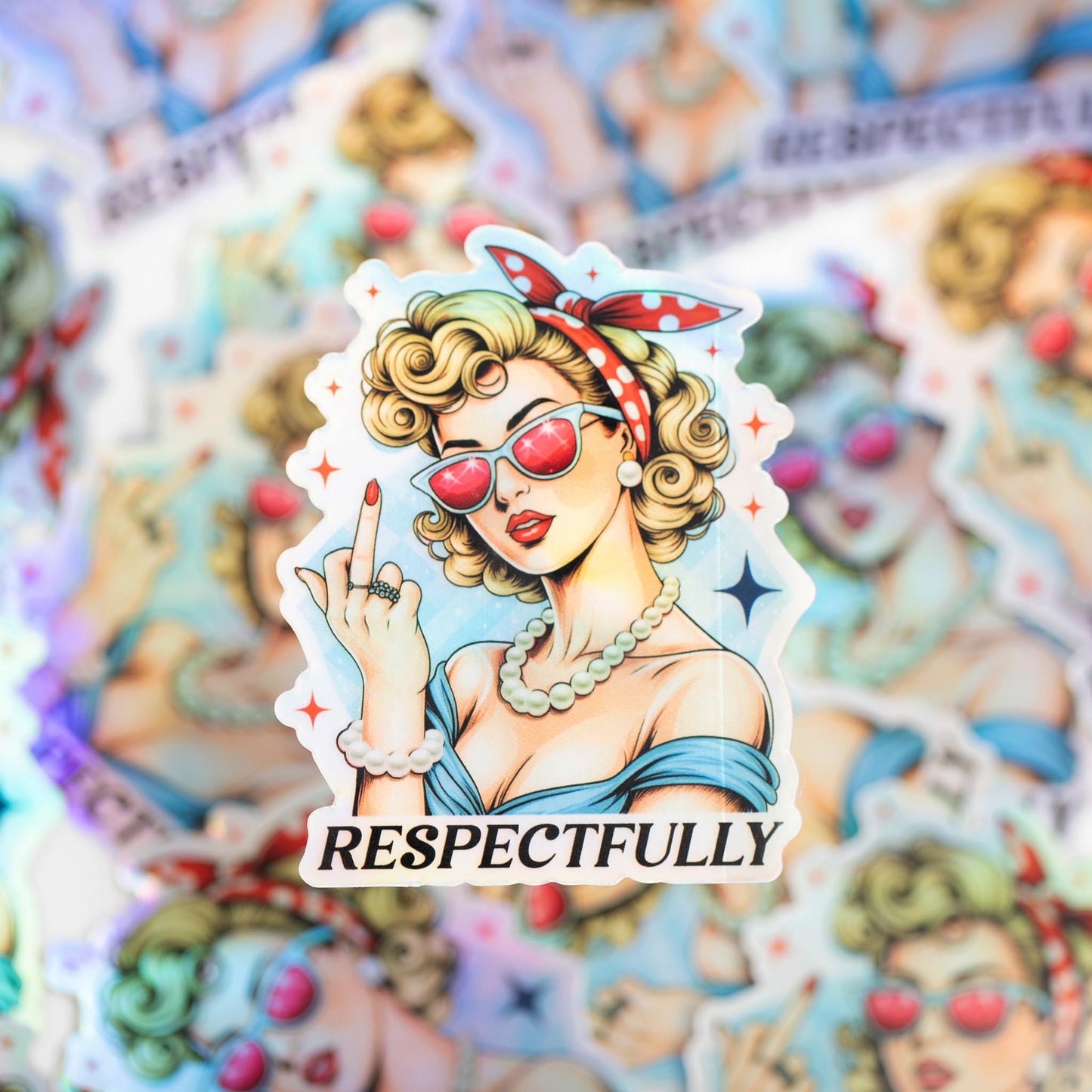 Respectfully Middle Finger Sassy Girl Holographic Sticker - Funny Adult Humor Meme for Water Bottles Stickers - Waterproof Cool Stickers for Laptop, Hard Hats, Phone, Scrapbooking Decals - 2 Pcs