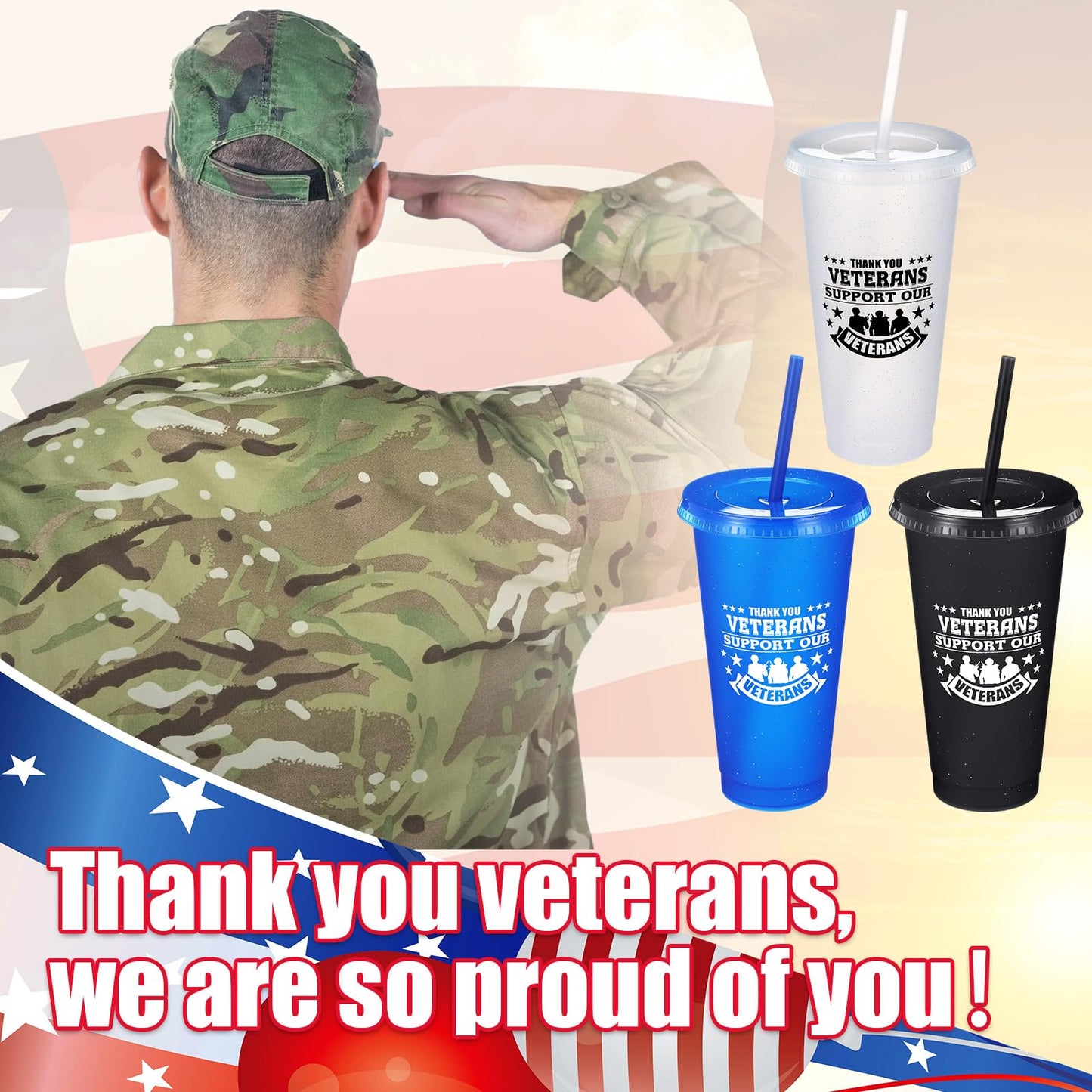 Skylety 24 Pcs Veterans Appreciation Gift 24 oz Support Our Veterans Day Gifts Plastic Coffee Cups with Straws and Lids Team Gift for Birthday Military Memorial Day