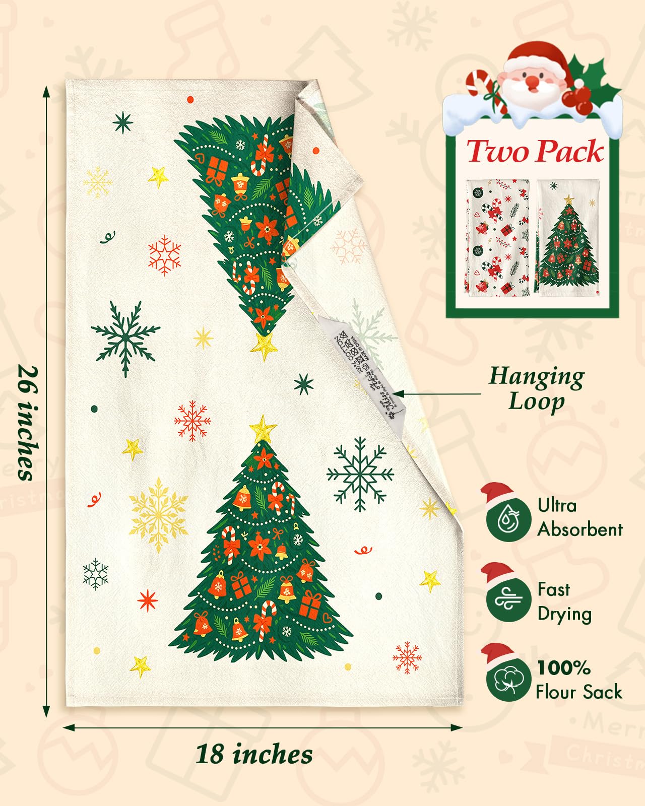 Miss Adola Flour Sack Christmas Kitchen Towels - Christmas Floursack Kitchen Towels 18x26 Inch 2pcs Decorative Xmas Theme Dish Towel for Holiday Cute Designs with Xmas Tree for Gifting