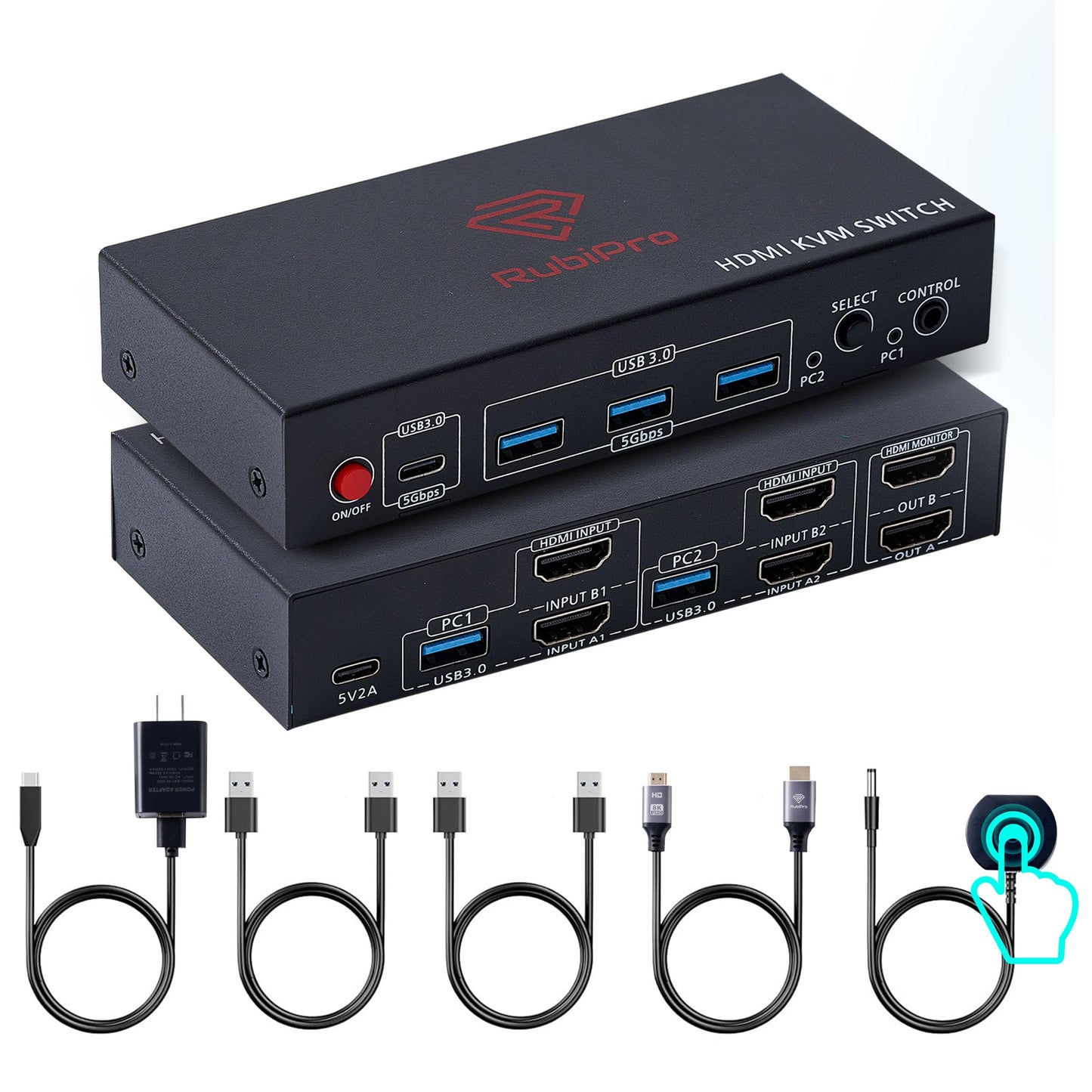 RubiPro HDMI KVM Switch 2 Monitors 2 Computers - Dual Display 8K@60Hz, 4K@120Hz, USB 3.0 Fast Data Transfer, Plug & Play for Windows/Mac/Linux with an Additional 8K HDMI Cable
