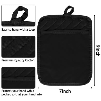 R HORSE 6-teiliges Topflappen-Set mit Tasche für die Küche, schwarze Topflappen aus Baumwolle, hitzebeständig, Frottee-Untersetzer, Topflappen, Ofenhandschuhe, Topfuntersetzer zum Backen und Kochen, 18 x 23 cm