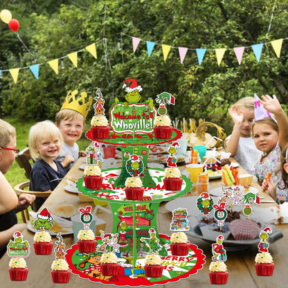 Tentaquil Green 3-Tier Cupcake Stand and 12pcs Cupcake Toppers Christmas Cupcake Holder Christmas Cupcake Decorations Whoville Christmas Decorations Christmas Party Supplies