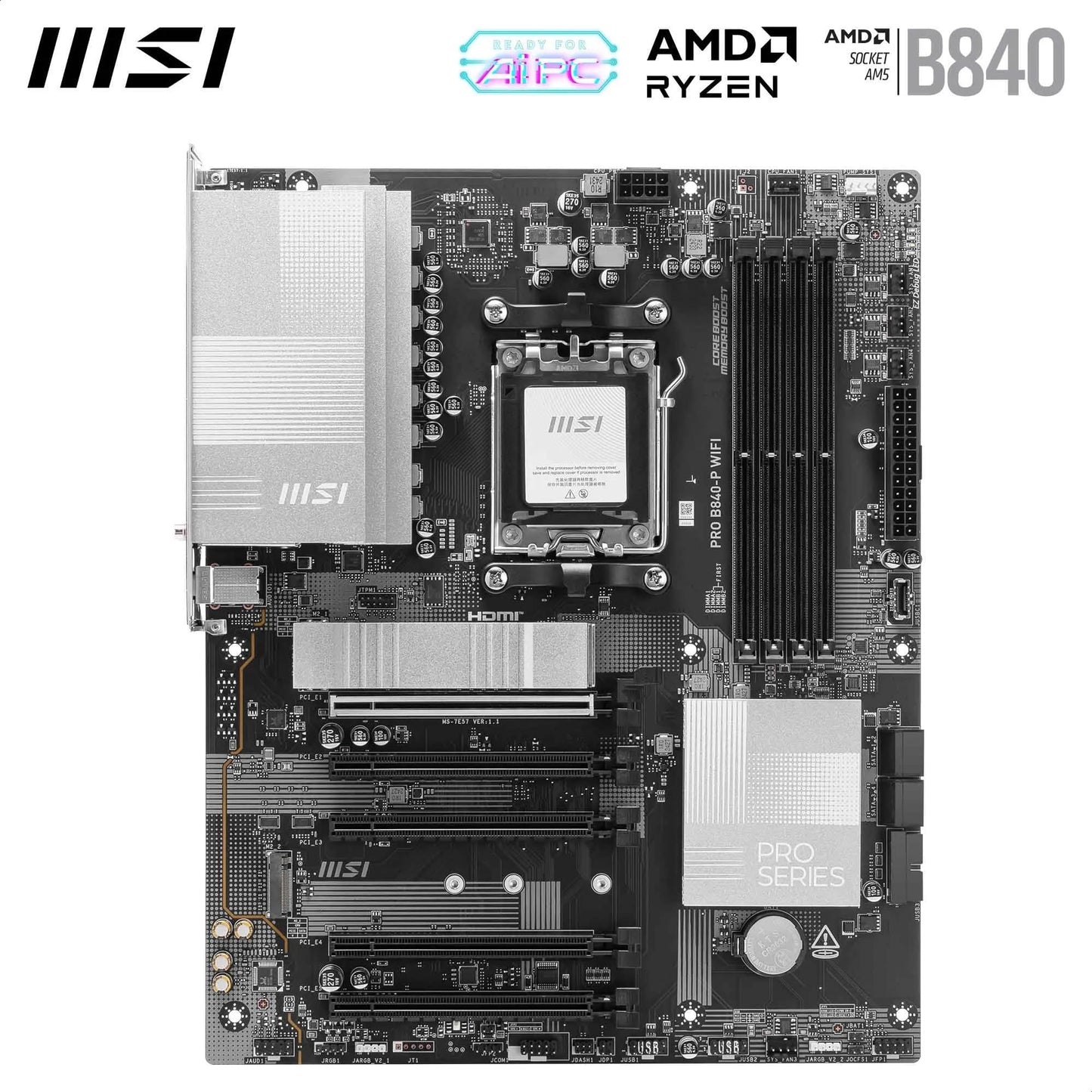 MSI PRO B840-P WiFi Motherboard, ATX - Supports AMD Ryzen 9000/8000 / 7000 Processors, AM5 - DDR5 Memory Boost (8000+ MT/s OC), PCIe 4.0 x16, M.2 Gen4, Wi-Fi 7, 2.5G LAN