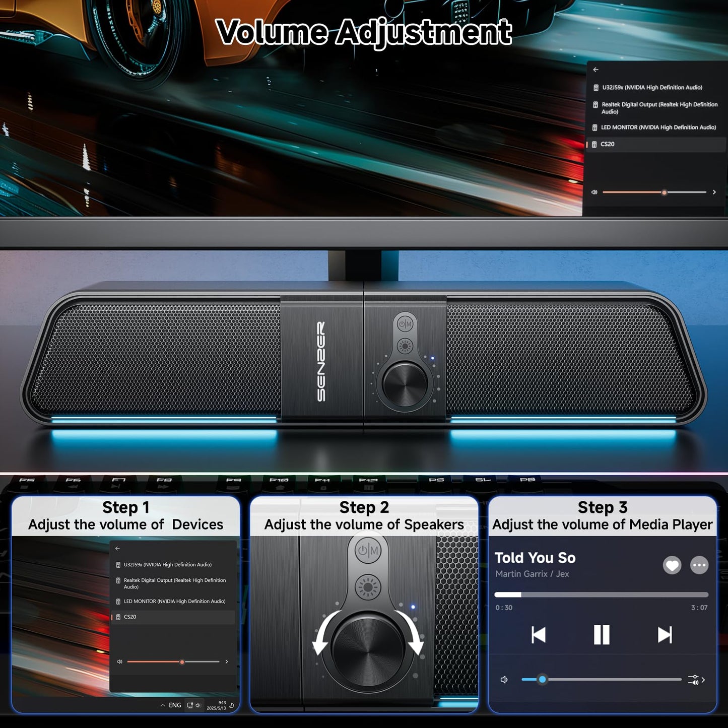 SENZER CS20 2-in-1 Bluetooth-Computerlautsprecher für Desktop-PCs, USB-Plug-&amp;-Play-Lautsprecher mit klarem Klang, RGB-Beleuchtung, Monitor-Soundbar mit Lautstärkeregler, Gaming-Lautsprecher für PC, Laptop, Smartphone und Tablet