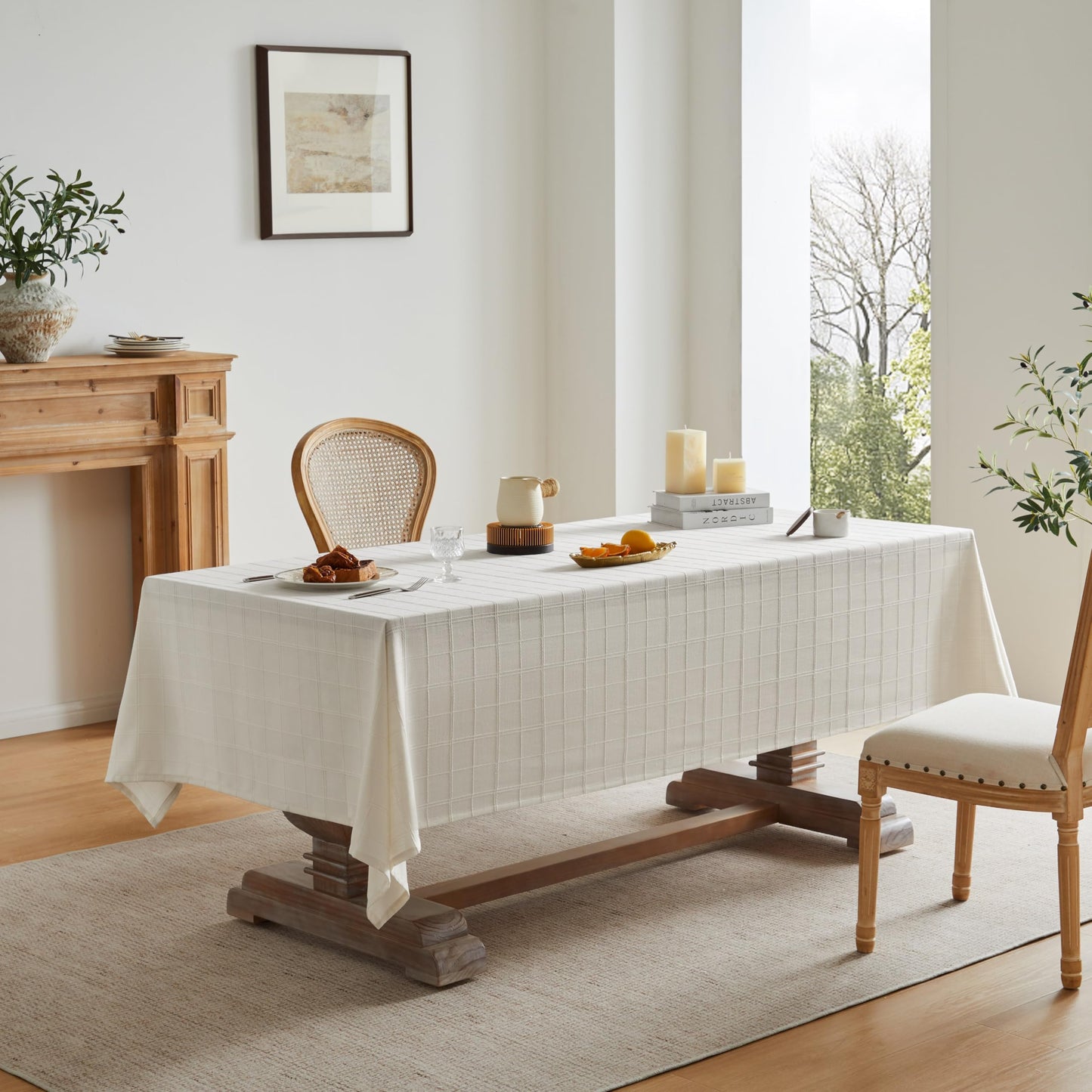 ZeeMart Linen Checked Table Cloth, Farmhouse Style Plaid Embroidered Neutral Tablecloth, Water Resistant Rectangle Table Cloth, Ivory 52x70 Inches