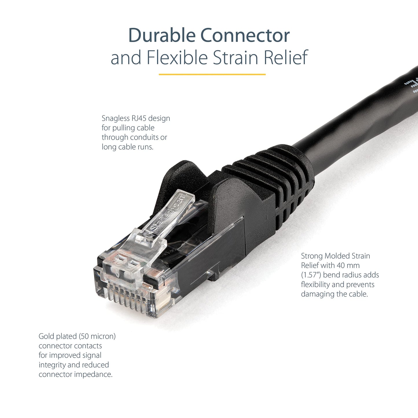 StarTech.com 12ft CAT6 Ethernet Cable - Black CAT 6 Gigabit Ethernet Wire -650MHz 100W PoE RJ45 UTP Network/Patch Cord Snagless w/Strain Relief Fluke Tested/Wiring is UL Certified/TIA (N6PATCH12BK)