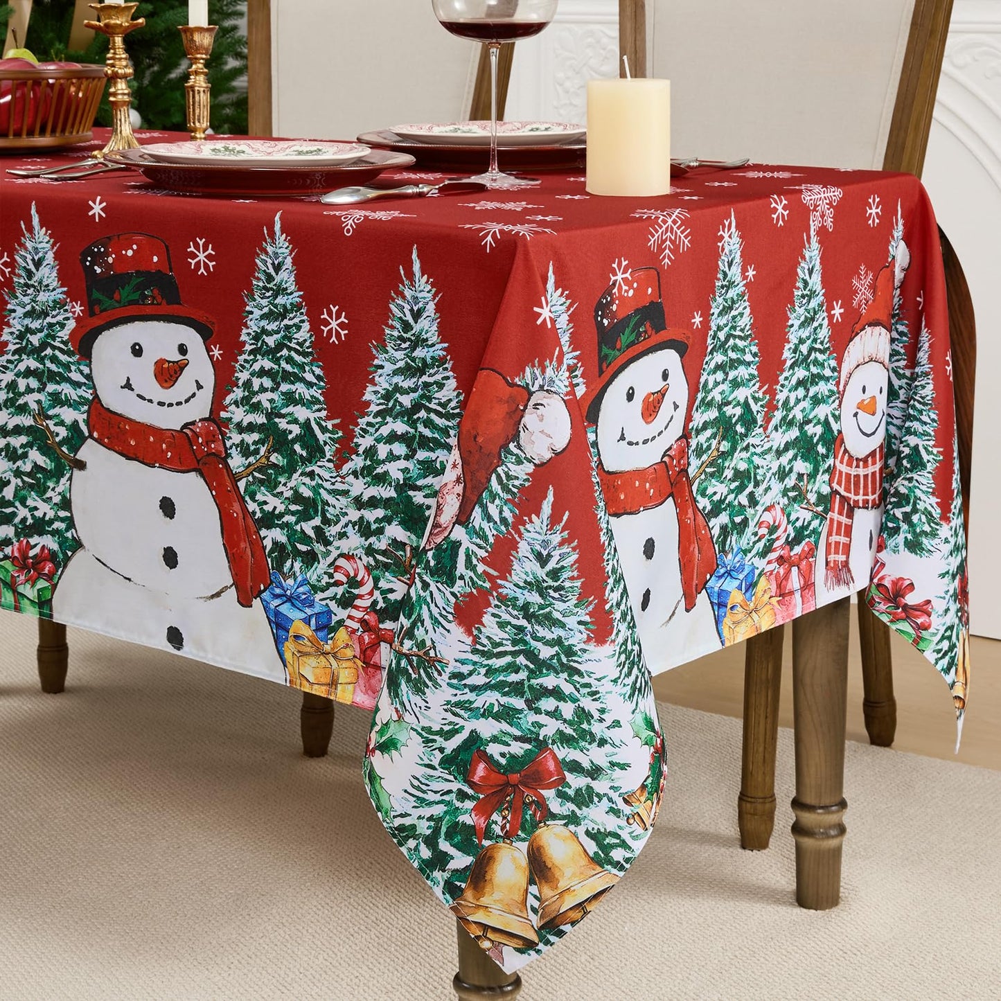 Romanstile Red Christmas Tablecloth, Printed Winter Snowman and Xmas Tree Design Rectangle Table Cloths, Holiday Decorative Stain-Resistant Table Covers for Dining Room Party Decor - 60 x 84 Inch