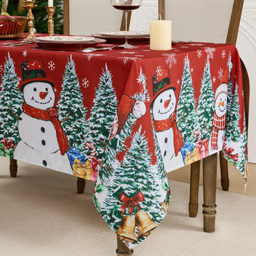 Romanstile Red Christmas Tablecloth, Printed Winter Snowman and Xmas Tree Design Rectangle Table Cloths, Holiday Decorative Stain-Resistant Table Covers for Dining Room Party Decor - 60 x 84 Inch