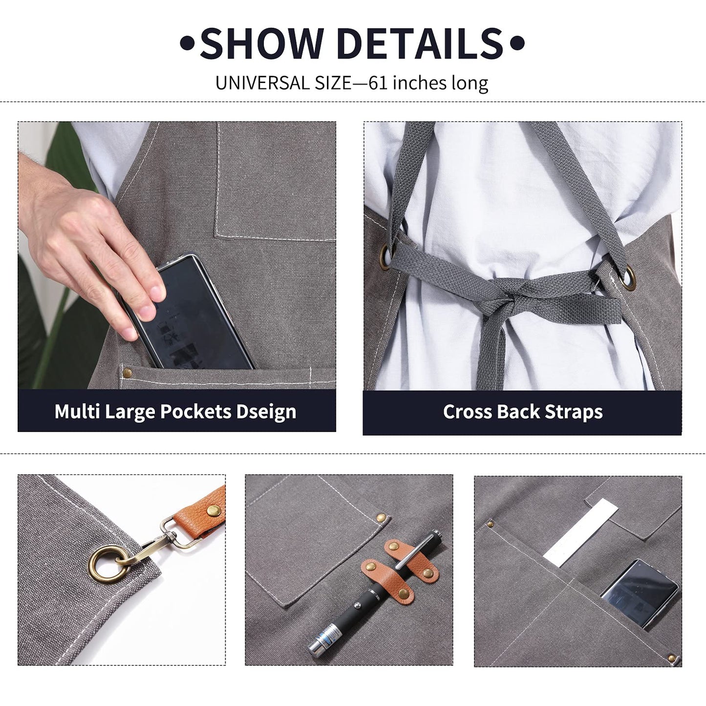 ZOMAO Kochschürze, Baumwoll-Canvas-Schürze mit gekreuztem Rückenteil und Taschen für Damen und Herren, verstellbare Träger und große Taschen, Küchenschürze zum Kochen und Backen 