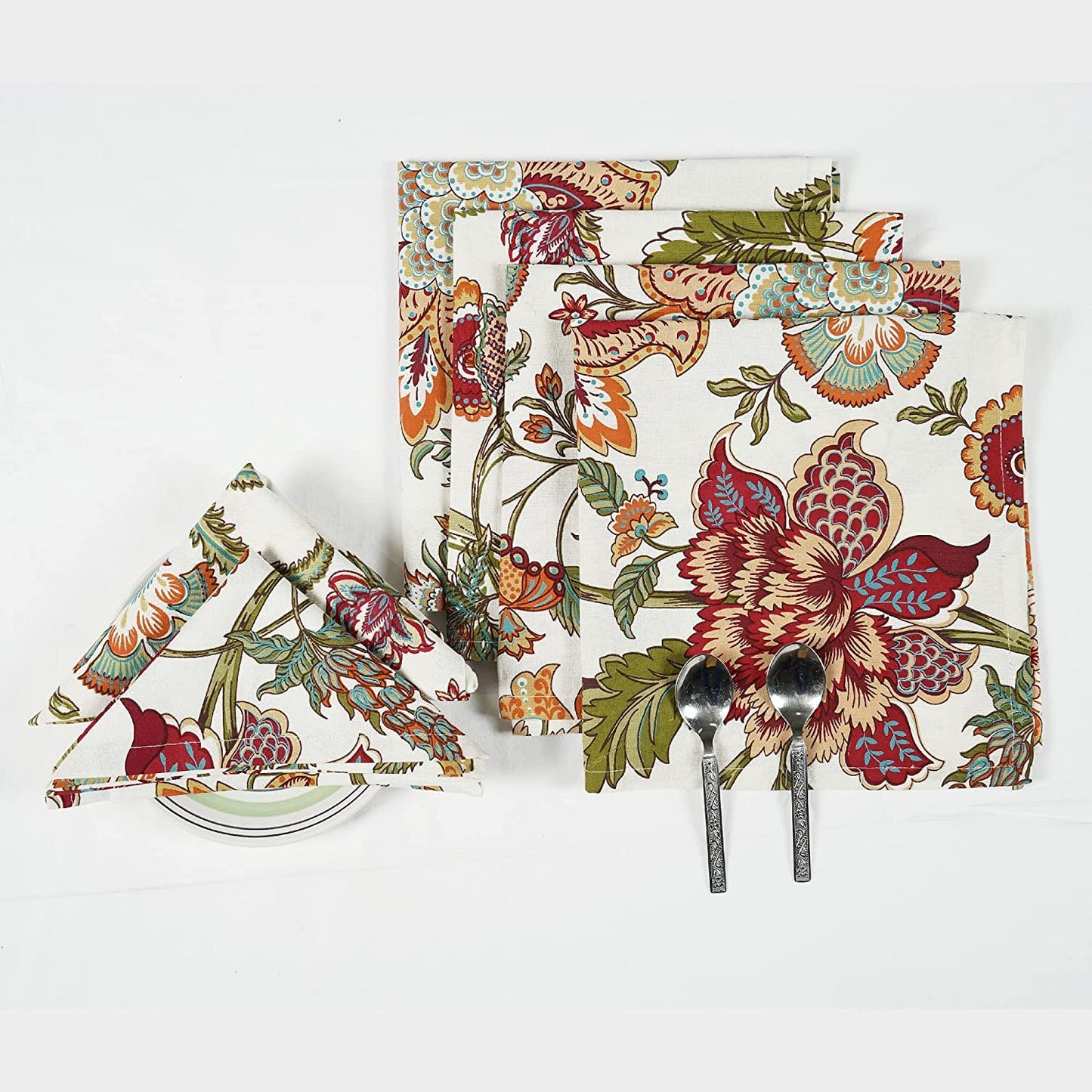 TARAN LIVING Napkins Fall Printed Cotton Cloth Napkin Reusable Boho Dinner Napkin Set Washable Dish Napkin for Gifts, Home Decor, Hotel, New Year Party - Kaveri - Set of 6, 20x20 Inches