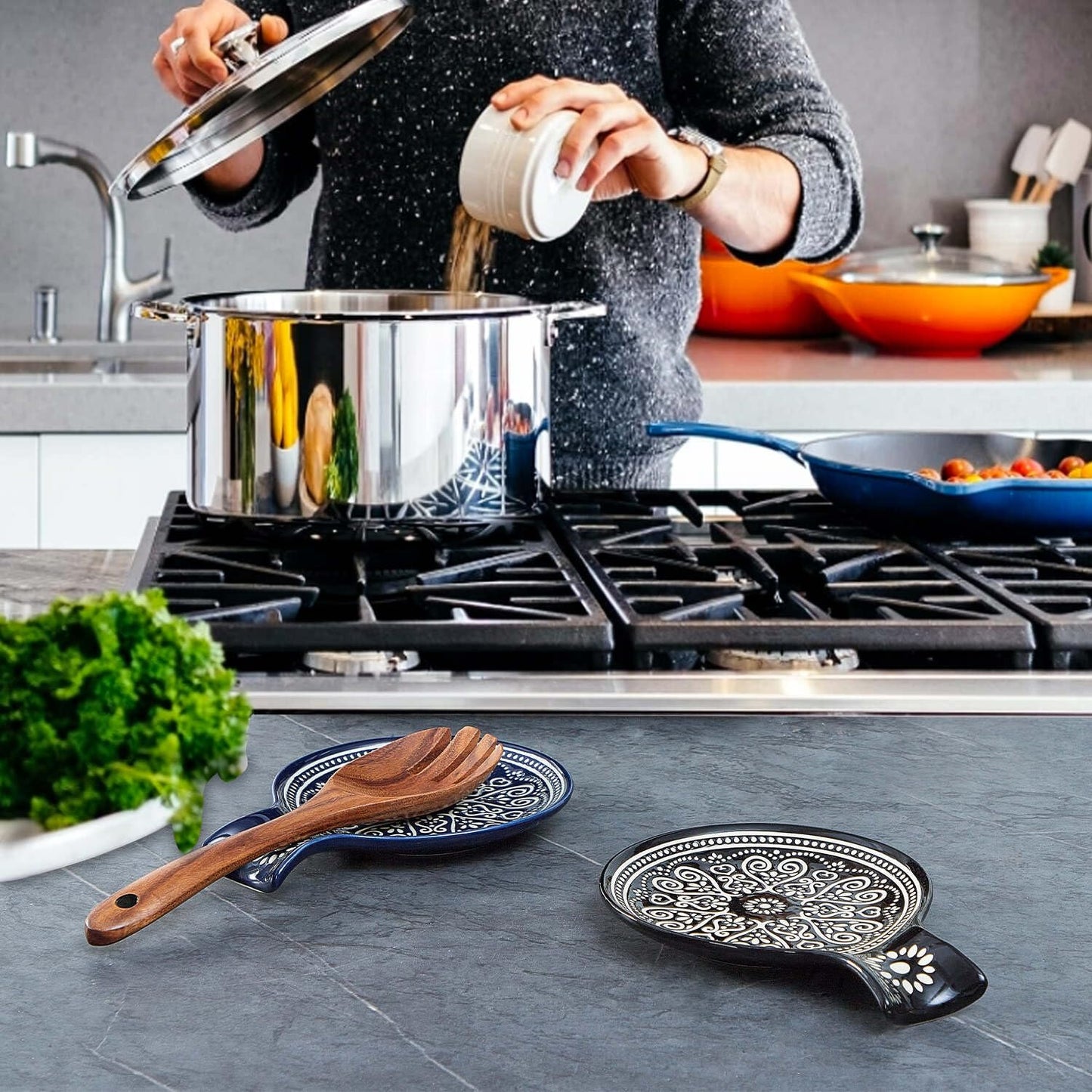 Löffelablage aus Keramik, Kochlöffelhalter für Küchenarbeitsplatte/Herd/Esstisch, modernes Landhausdekor, groß (blau) 