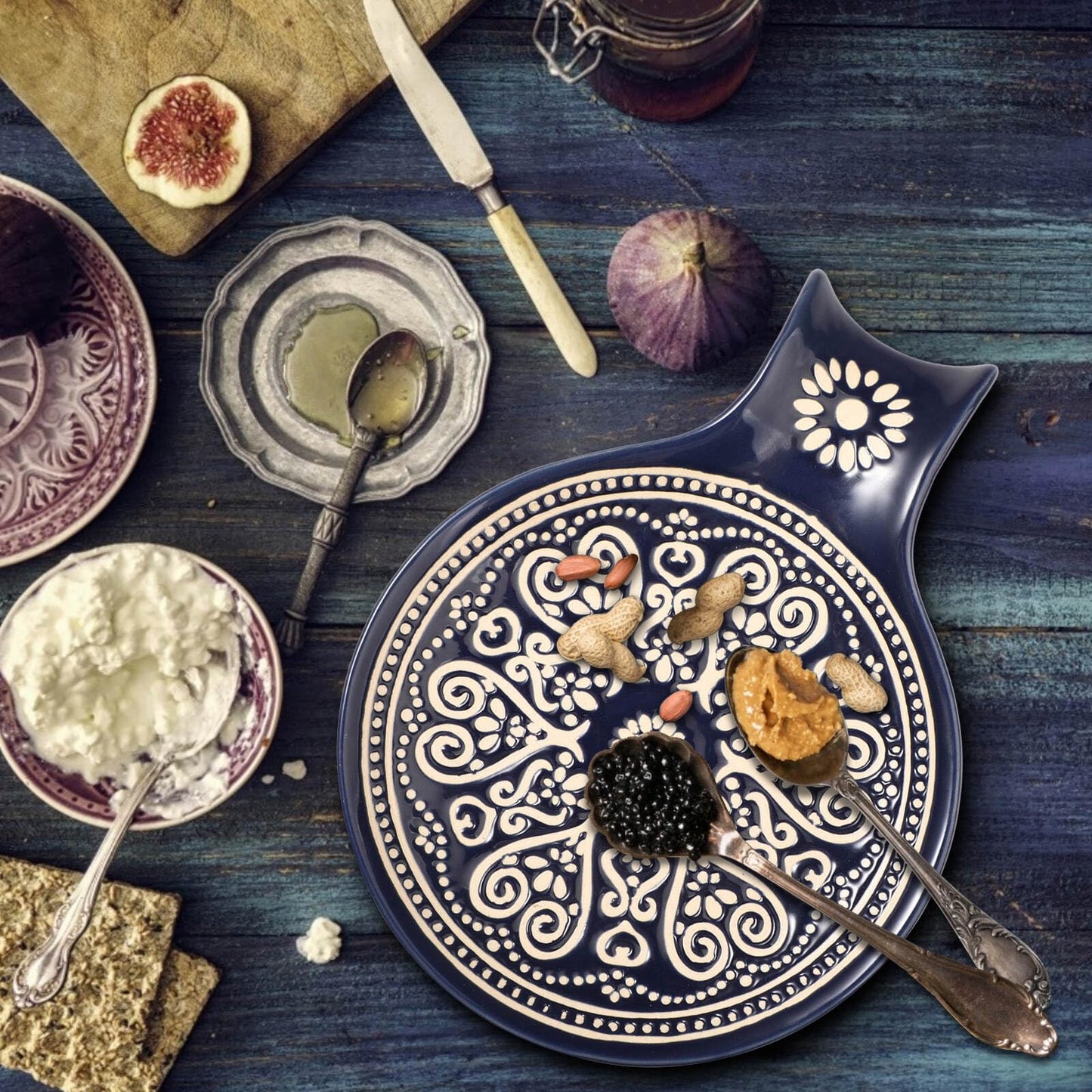 Löffelablage aus Keramik, Kochlöffelhalter für Küchenarbeitsplatte/Herd/Esstisch, modernes Landhausdekor, groß (blau) 