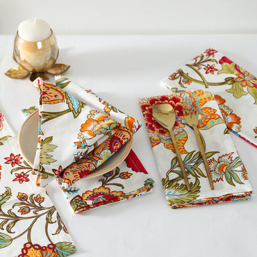 TARAN LIVING Servietten, Herbstmotiv, bedruckte Baumwolle, wiederverwendbares Boho-Servietten-Set, waschbar, ideal als Geschenk, für Zuhause, Hotel oder Silvesterpartys – Kaveri – 6er-Set, 50 x 50 cm