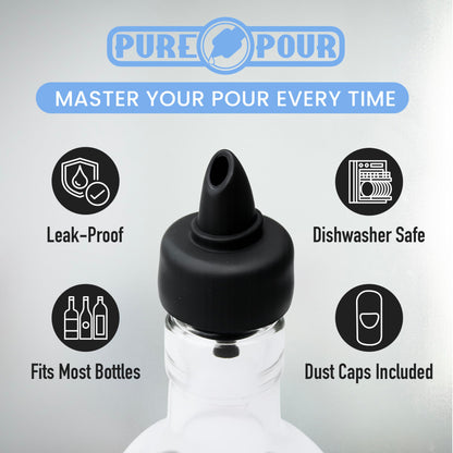 The Pure Pour Liquor Bottle Pourers - Leak-Proof Pour Spouts with Dust Caps - Fits Most Alcohol, Syrup, Olive Oil & Vinegar Bottles - Dishwasher Safe - 10 Pack