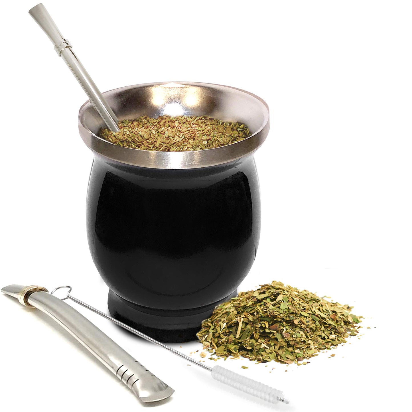 Norte Yerba Mate Cup Kit, 8-Ounces Traditional Mate Tea Cup/Gourd Set | Includes 2 Bombillas (Yerba Mate Straw) & Cleaning Brush, Stainless Steel Cup, Double-Walled, Easy to Clean | Black