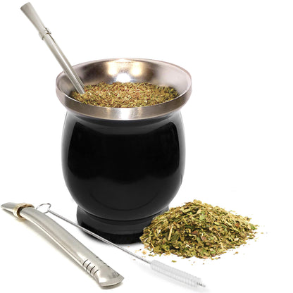 Norte Yerba Mate Cup Kit, 8-Ounces Traditional Mate Tea Cup/Gourd Set | Includes 2 Bombillas (Yerba Mate Straw) & Cleaning Brush, Stainless Steel Cup, Double-Walled, Easy to Clean | Black