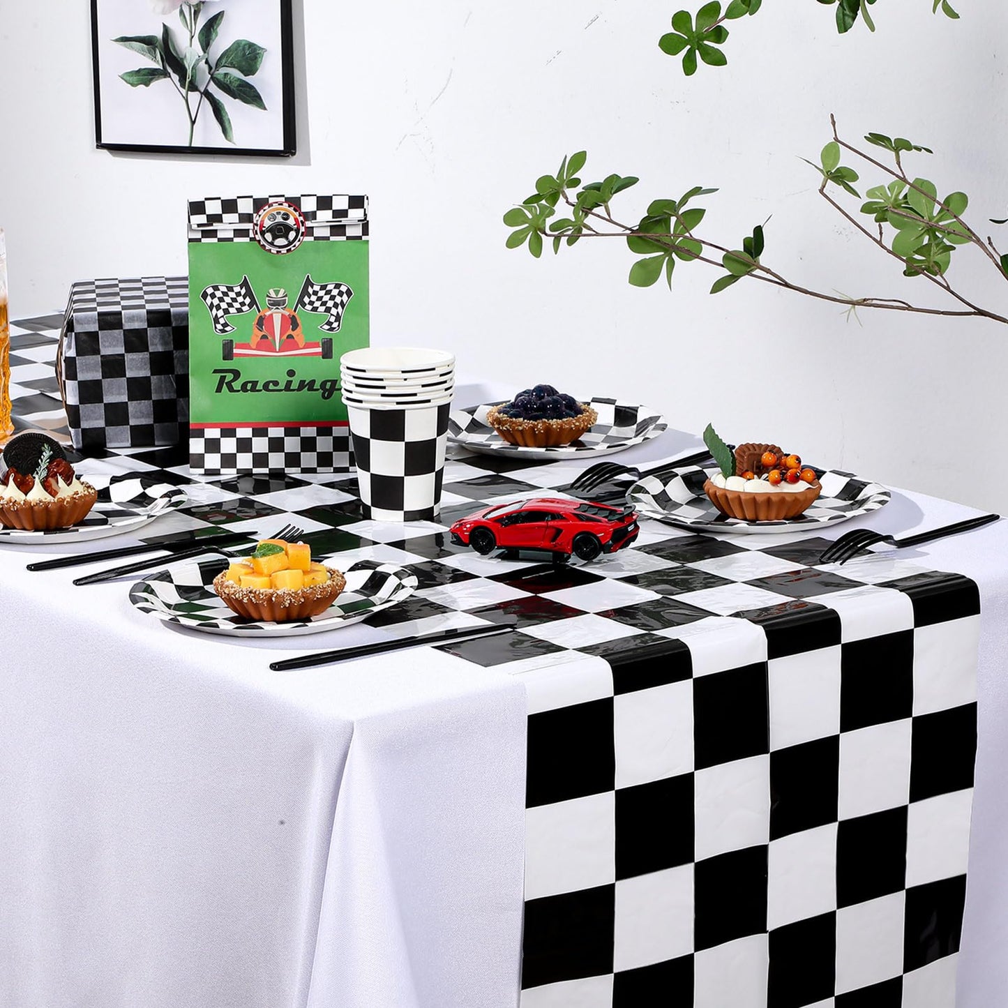 Preboun 6 Pcs Plastic Checkered Table Runner 14 x 108 Inch Racetrack Road Table Runner for Two Fast Car Theme Birthday Racing Party Decor Events Supplies (Black White Checkered)