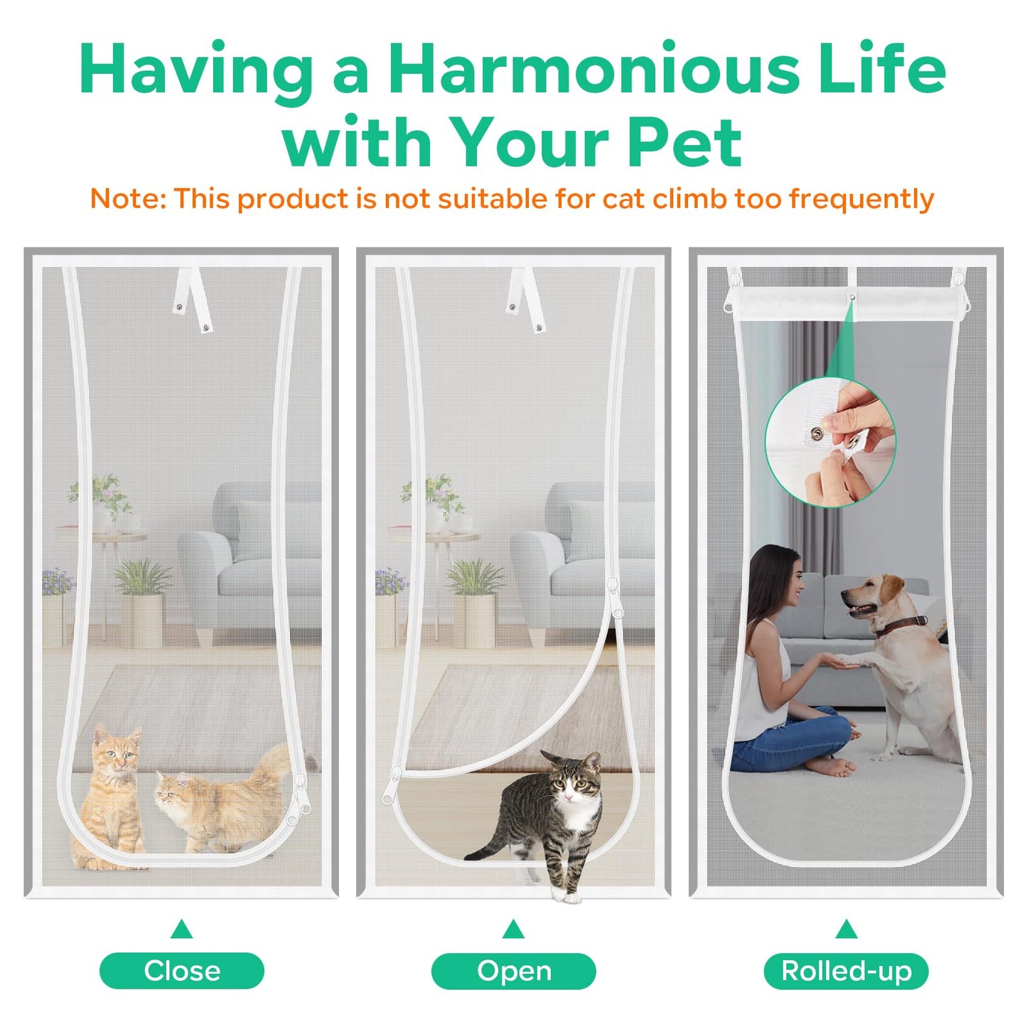 Verstärkte Katzenschutztür, 35,5 x 82 Zoll (ca. 90 x 208 cm), robuste, haustiersichere Tür mit beidseitigem Reißverschluss, verhindert, dass Hunde und Katzen aus dem Haus, Schlafzimmer, Wohnzimmer, Küche oder von der Terrasse entkommen. 