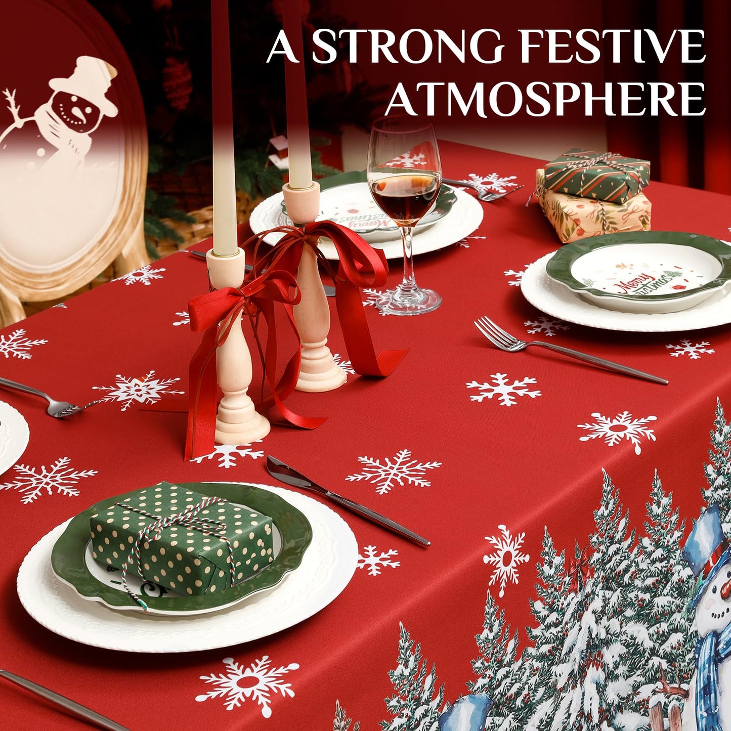 Softalker Christmas Tablecloth Rectangle 60x84 Inch, Winter Xmas Snowman Truck Red Table Cloth, Stain Resistant Farmhouse Table Cover for Holiday, Dinner, Party