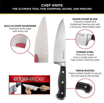Sabatier Forged Stainless Steel Chef Knife with Edgekeeper Self-Sharpening Blade Cover, High-Carbon Stainless Steel Kitchen Knife, Razor-Sharp Knife to Cut Fruit, Vegetables and more, 8-Inch, Black