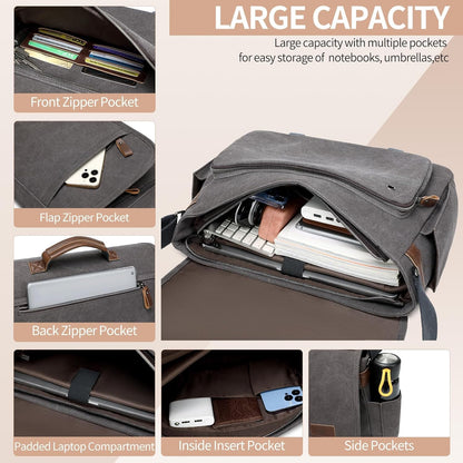 PPOBOW Canvas Messenger Bag for Men Waterproof Business Bags for Men Vintage Canvas Laptop Bag (Grey)