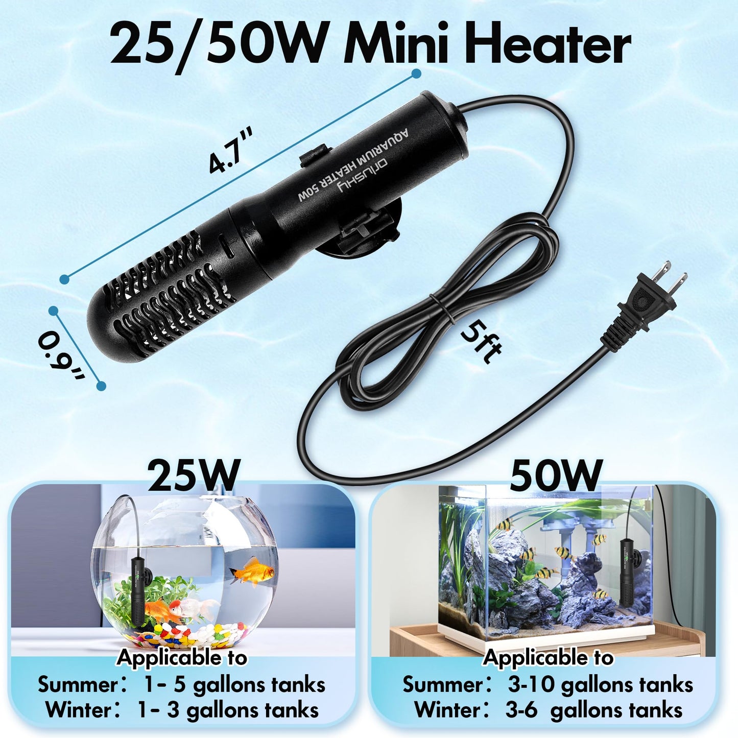 Orlushy 25W Small Submersible Aquarium Heater, Constant Temperature Betta Fish Tank Heater of 78℉for 1-6 Gallons Freshwater & Saltwater Tanks